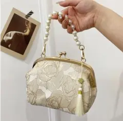 結婚式 パール 刺繍 ポーチ ハンドバッグ がま口 パーティ 和装 ゴールド