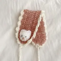 手編み フリル付きネコのヘッドドレス ピンク×ホワイト
