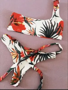 新品 S M フラワープリント セパレート水着 ホワイト