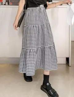 ギンガムチェック ティアードロングスカート