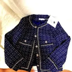 ネイビー ツイード ノーカラージャケット