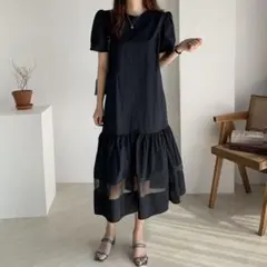 【新品】シアー切替黒ワンピース パフスリーブ 綿韓国風 黒ワンピ