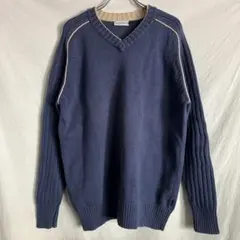 90s 00s euro古着 コットン ネイビー Vネック ニット