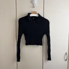 SHEIN 黒 リブ編み 長袖ポロシャツ クロップド丈