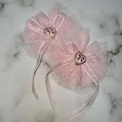 ハンドメイド　量産型　オーガンジーリボンレース　ピンク　ハートパーツヘアクリップ