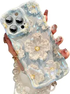 iPhone15 ケース 油絵風 花柄 ストラップ付 パステルブルー