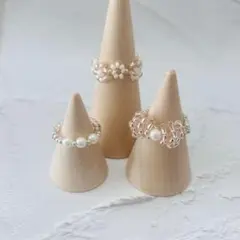 ビーズリング 指輪 3点セット お花 パール リボン ピンク×シルバー R007