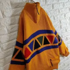 ハーフジップ ニットセーター 幾何学模様 イエロー L相当