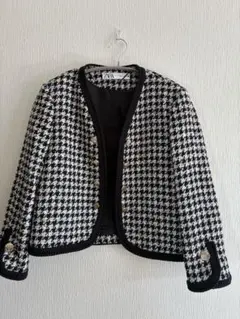 ZARA ノーカラーツイードジャケット M ブラック/ホワイト