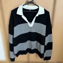 UNIQLO スムースコットンリラックスポロセーター ストライプ柄 長袖