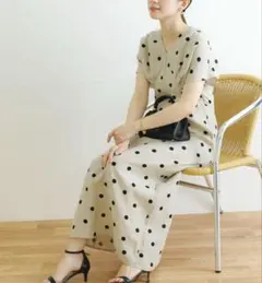 アーバンリサーチ　ウエストタックフレンチスリーブワンピース　ドット　リネン100