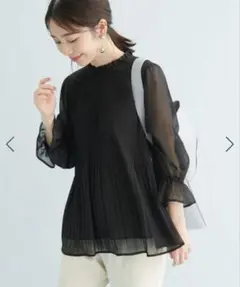 【美品】VIS 無地シフォンプリーツスタンドブラウス 黒