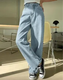 shein ライトブルー ストレート デニム ハイウエスト ワイド