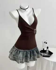 ブラウン Vネック デニムフリル ミニワンピース 平成 ギャル y2k