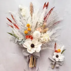 ウェディングブーケ＆ブートニアセット☆オレンジ×ホワイト ボヘミアン ナチュラル