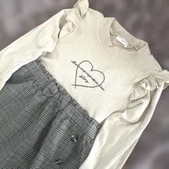 130cm ワンピース ドッキングワンピ ハート チェック ベージュ 美品