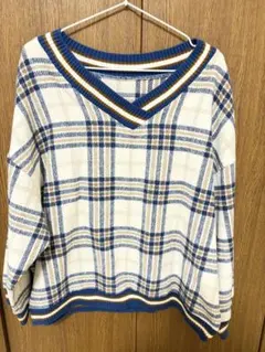 チェック柄 Vネック 長袖トップス