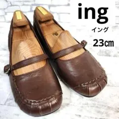 ing イング　モカシン　フラットシューズ　ストラップ　レザー　ブラウン