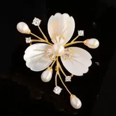 スワロフスキー淡水真珠貝殻桜ブローチジルコンパール花コサージュ入学式卒業式結婚式