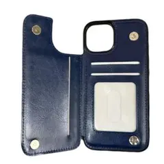 『iPhone13』スマホケース カード収納 PUレザー ネイビー ユニセックス