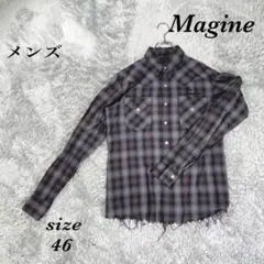 Magine マージン 長袖チェック柄シャツ 薄手 裾カットオフ ロゴ刺繍のサムネイル