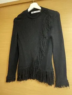 ZARA フリンジ付き黒長袖ニットセーター