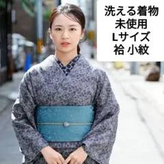 【未使用】洗える着物 プレタ 小紋 L リーフ幾何学 黒 モダン 身丈163cmのサムネイル