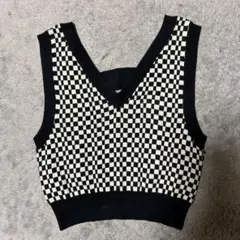 チェック柄ニットベスト Vネック
