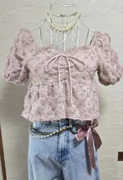 【GRL 】グレイル ローズフラワーレース半袖トップス ピンク Sサイズ
