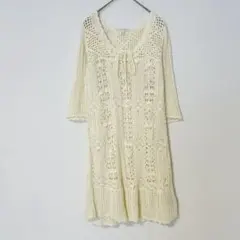ユニクロ UNIQLO かぎ編みニットワンピース 七分袖 ひざ丈 コットン L