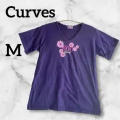 Curves 【M】パープル Vネック半袖Tシャツ 花柄プリントコットン100%