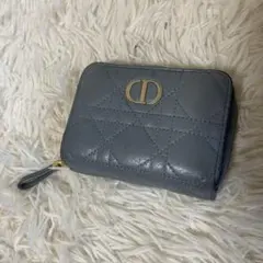 ディオール◇カロカナージュ二つ折り財布 ゴールド金具ブルーグレー