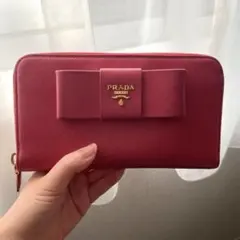 極美品✨️プラダ サフィアーノ 長財布 リボン ピンク パスケース付き