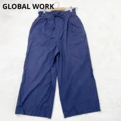グローバルワーク ワイドパンツ リボン M ネイビー 通勤 ナチュラル
