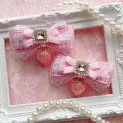 【いちごチャーム】ピンクギンガム×ビジューリボン♡ヘアクリップ 量産型 地雷系のサムネイル