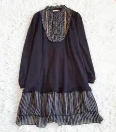 アクシーズファム ワンピース フリル襟 ストライプ 異素材（M）クラシカル