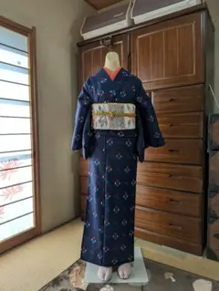 紺色 ウール着物 羽織花柄 幾何学模様