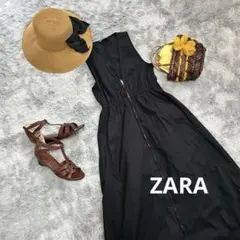 ZARA ノースリーブ黒ロング　ジッパーポプリンワンピース　フレア　ザラ