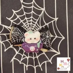 H-25 ハロウィン リボン ヘアクリップ 魔女の壺 黒×蜘蛛の巣 ハンドメイド