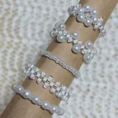 【47】5本セット ハンドメイド ビーズリング 白 ホワイト ビーズ 指輪