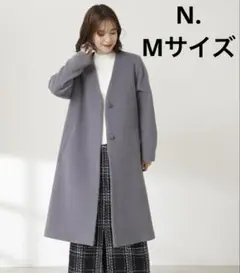 N. アンゴラビーバーカラーレスコート　ロングコート　アンゴラ混　ブルー　M