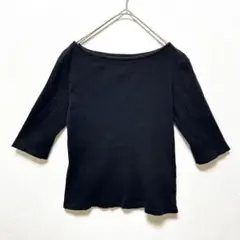 GU ジーユー リブボートネックT コットン L 5分袖 ブラック