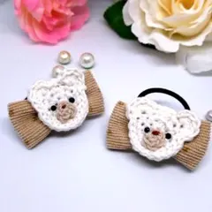 ハンドメイド　キッズ　リボンヘアゴム　✾くま　茶色✾36