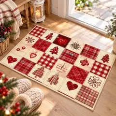 クリスマス 玄関マット パッチワーク風 赤チェック カントリー 北欧 コテージ