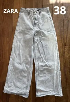 ZARA グレー ハイウエスト ワイドレッグデニムパンツ