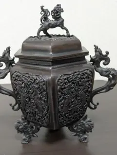 高岡製　 獅子摘蓋付昇竜双耳三足鳳凰双龍紋香炉　蝋型香炉　金工　米田秀保作 高岡製 獅子摘蓋付昇竜双耳三足鳳凰双龍紋香炉 蝋型香炉 金工
