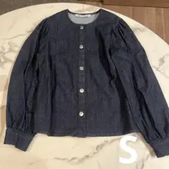 新品ZARA パフスリーブデニムシャツ ジャケット ノーカラー インディゴ