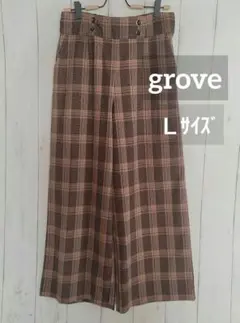 grove グローブ　チェック柄パンツ　ブラウン系　Ｌサイズ　後ろゴム