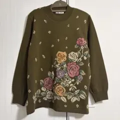 【一点物】昭和レトロ 華やかバラ刺繍ニット プルオーバー モックネック カーキ