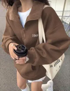 激安　ハーフジッパー　スエット　トレーナー　ブラウン　シンプル　ロゴ